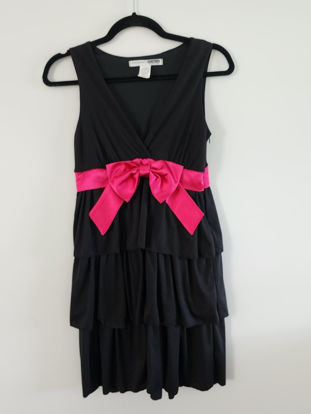 Necessary Objects Mini Dress Womens Small Black Pink Bow Tiered Party Coquette